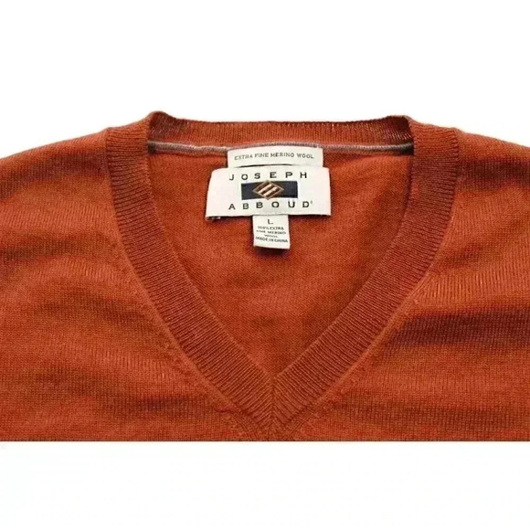 Joseph Abboud Mens Large 100% Extra Fine Merino Wool Burnt Orange V-Neck Sweater - Picture 6 of 9